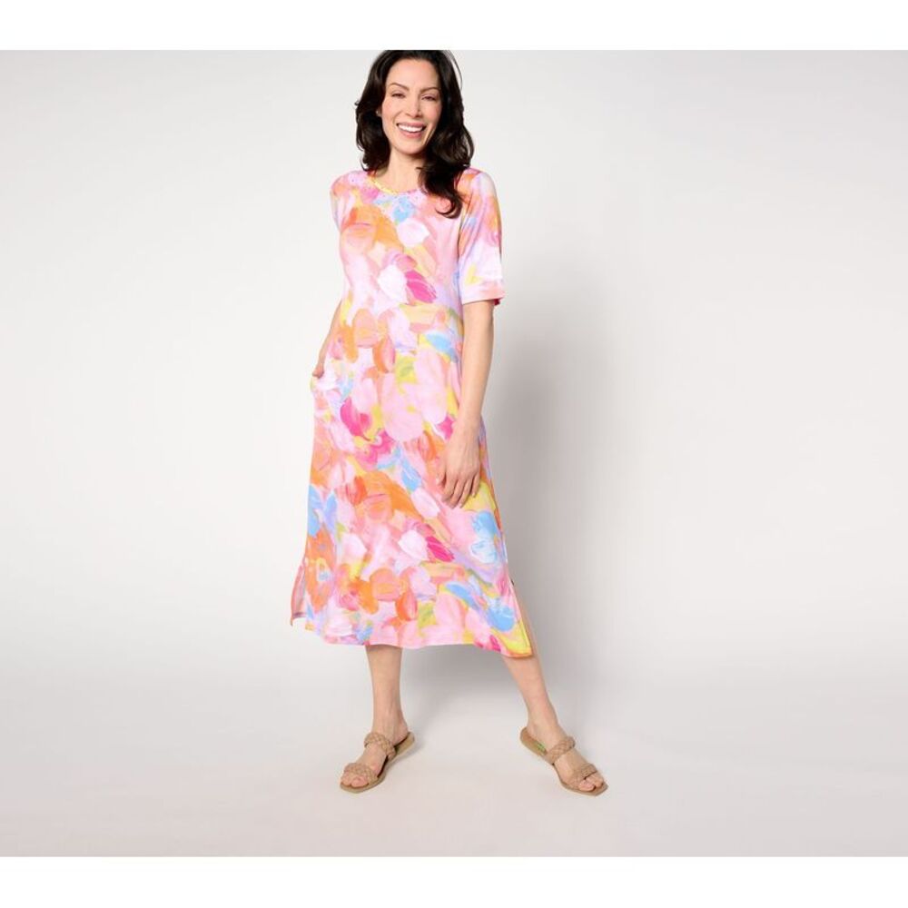 Quacker Factory Women's Plus Sz Dress 2X Floribunda ElboSleeve Orange A636672
